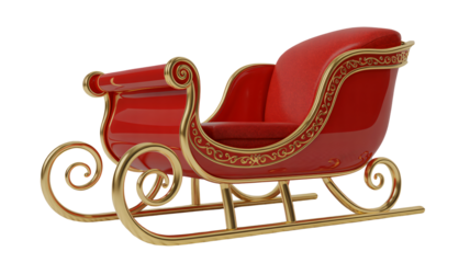 Elegant red sleigh with ornate gold trim evokes holiday magic
