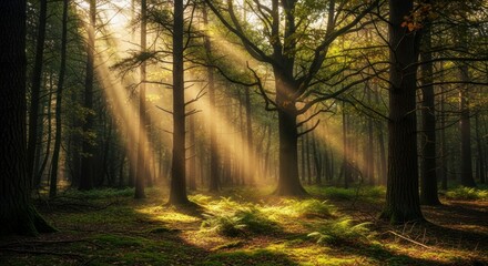 Fototapeta premium Sunbeams streaming through a lush green forest canopy.