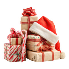 Christmas presents stack with Santa hat and candy canes isolated on Transparent Background