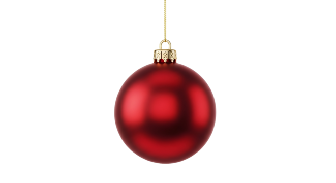 A single, matte red Christmas ornament hangs against a white background
