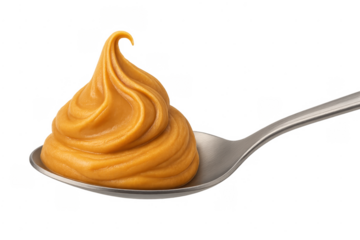 Spoon holding creamy peanut butter swirl on transparent background