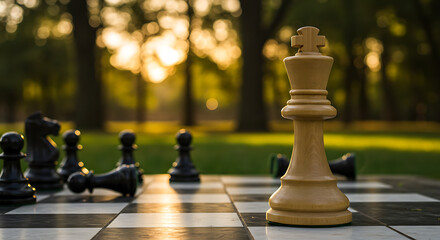 Sunlit outdoor chessboard; white king foreground with toppled black pieces nearby, blurred trees...