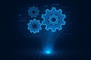 Modern technology gears spinning with digital glow showing innovation and progress