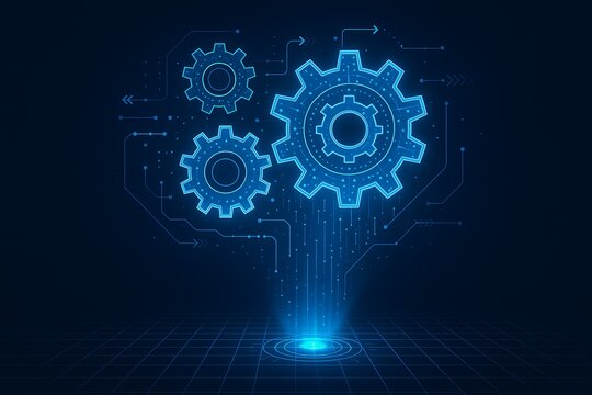 Modern technology gears spinning with digital glow showing innovation and progress
