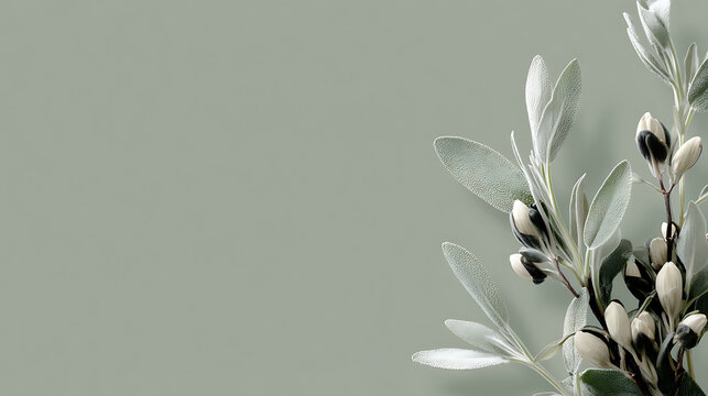 Sage plant buds and leaves muted green background botanical image