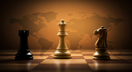 Three chess pieces on a glowing board with a world map backdrop, evoking strategy. Soft glow, tense