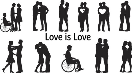 Couples silhouette set, inclusive love poses, hugging, kissing, holding hands, black vector illustration, romantic icon, diversity theme, white background