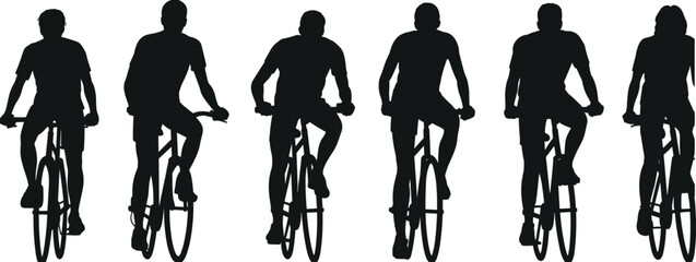 Obraz premium Cyclist silhouette set, people riding bicycles, various postures and styles, black vector illustration, transportation icon, motion figure, white background