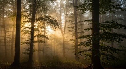 Fototapeta premium Sunlight filtering through misty forest trees.
