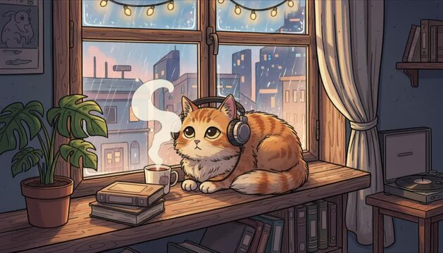 lofi cartoon cat at window, anime comics artstyle, cozy chill mood, perfect for lofi animation, anime background, or calming stream overlays