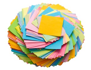 A vibrant, colorful collection of square sticky notes in a rounded form against a clean white backdrop