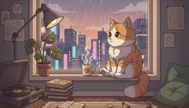 lofi cartoon cat at window, anime comics artstyle, cozy chill mood, perfect for lofi animation, anime background, or calming stream overlays