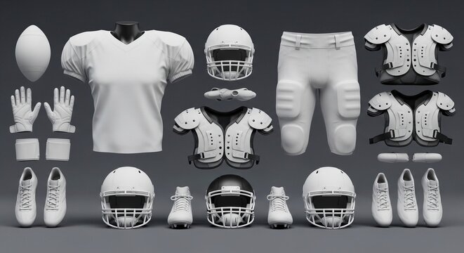 Complete American football gear set on muted background, helmet, shoulder pads, gloves, cleats, ball, jersey and pants, symmetrical arrangement, high key lighting, ultra-realistic, modern sports displ - Powered by Adobe