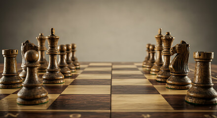 Low-angle view of a wooden chessboard facing two armies of carved pieces, paused in symmetry slowly