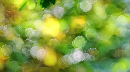 Soft focus green and yellow bokeh background with light circles abstract nature