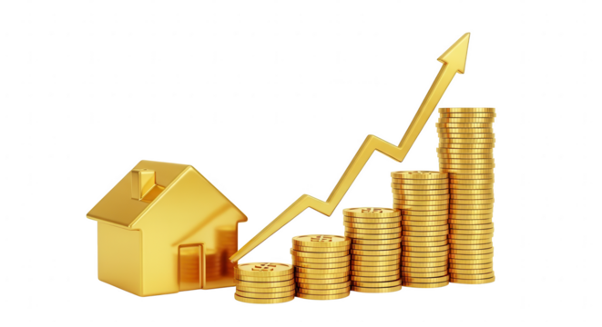 Real estate market growth and investment returns illustrated with golden house, coins, and rising arrow
