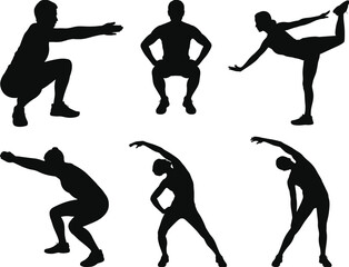 Exercise silhouette set, stretching and squatting poses, fitness icon, black vector illustration, physical activity figure, wellness theme, white background