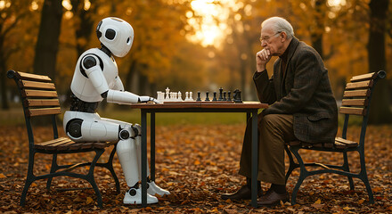 Autumn park chess match between a human elder and a humanoid robot on wooden benches. under red leaf