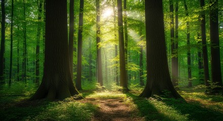 Fototapeta premium Sunlight streams through the trees in a lush forest, creating a serene and vibrant atmosphere.