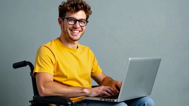 young adult in wheelchair smiles, using laptop with glasses, wearing bright yellow t-shirt against gray backdrop, expressing happiness and focus, technology, inclusivity, accessibility