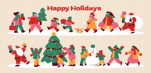 Fototapeta na wymiar Illustration set of people enjoying the winter holidays and Christmas