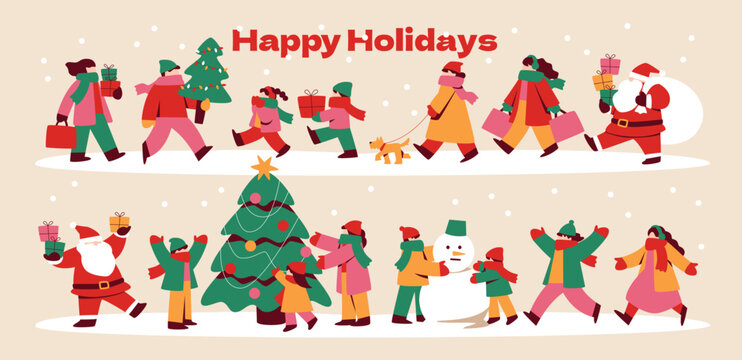 Illustration set of people enjoying the winter holidays and Christmas