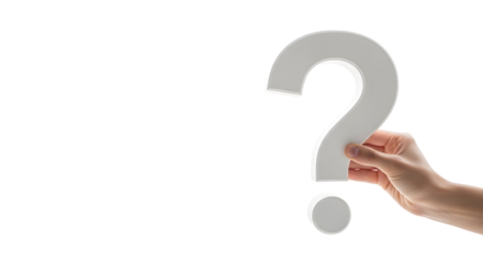 A hand holding a large white question mark against a white background, symbolizing inquiry and uncertainty