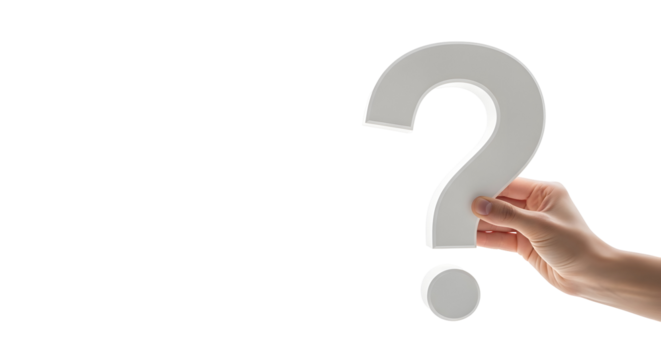 A hand holding a large white question mark against a white background, symbolizing inquiry and uncertainty