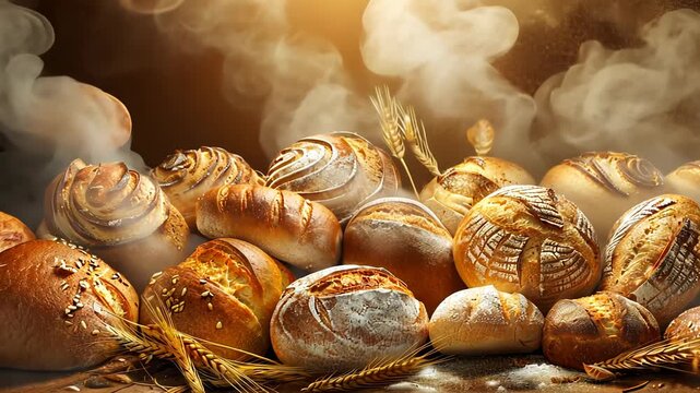 Freshly baked loaves of bread are artfully arranged in warm, inviting pile, showcasing visible seams and patterns, evoking cozy kitchen atmosphere and comforting mood, family gatherings, delicious