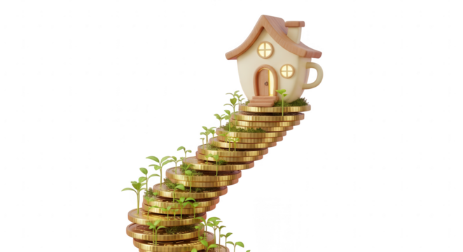 Whimsical house on a winding staircase of gold coins with green sprouts, growth concept.