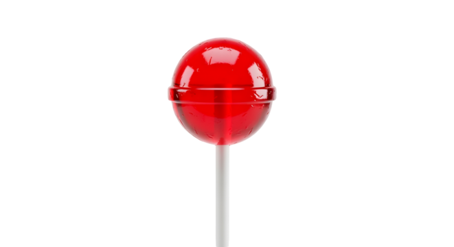 A glossy red round lollipop on a white stick against a plain white background, studio shot
