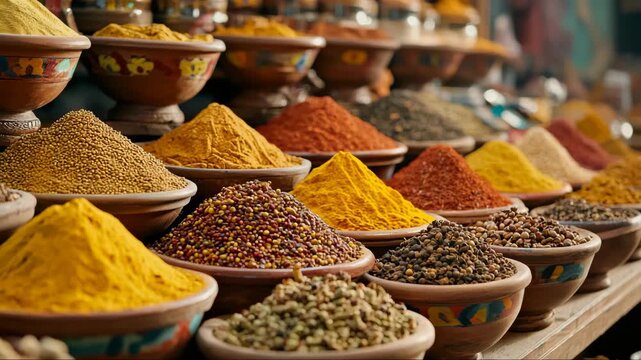 Vibrant display of spices in traditional bowls at a market in the early morning light