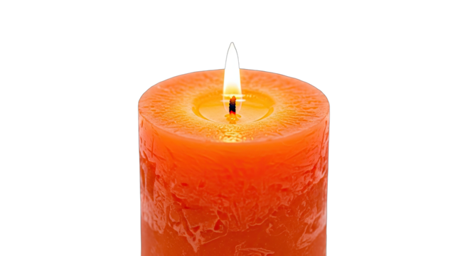 Close up of a vibrant orange candle with a lit flame on a black background the wax surface has a textured pattern and the flame casts a warm glow suggesting a peaceful atmosphere
