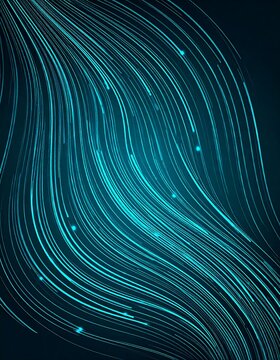 A dark blue image with bright flowing, wavy lines that originate from the top and move to the bottom, giving a sense of motion