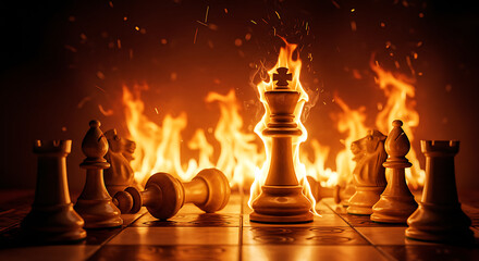 Fiery chessboard scene with glowing king centerpiece amid blazing silhouettes and sparks with embers