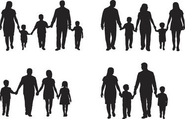 Family silhouette illustration, parents and children walking, holding hands, black vector design, unity concept, togetherness, white background, stock art