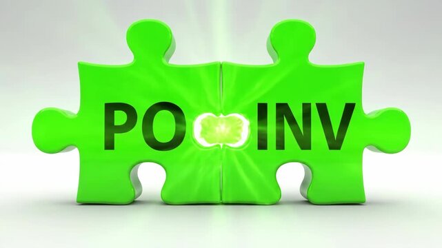 3D animation of two puzzle pieces, 'PO' and 'INV', interlocking perfectly and glowing green with a checkmark.