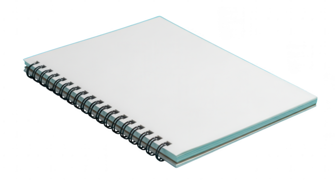 Blank spiral bound notebook with clean white pages, perfect for notes or sketches, isolated