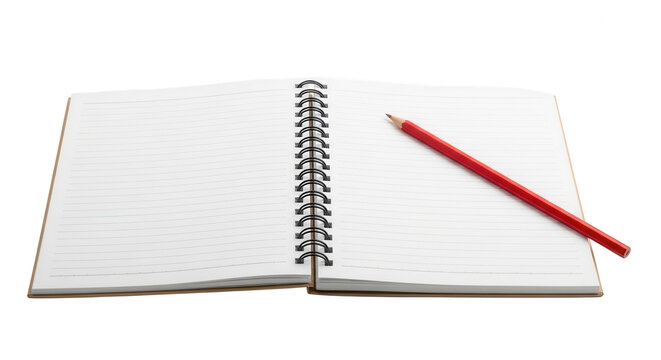 Open spiral notebook with lined white pages and a red pencil, isolated for copy space