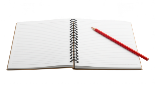 Open spiral notebook with lined white pages and a red pencil, isolated for copy space
