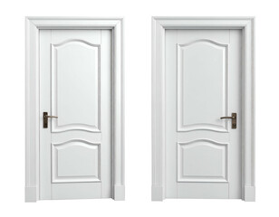 Two identical white interior doors with ornate paneling and brass knobs