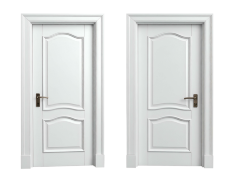 Two identical white interior doors with ornate paneling and brass knobs