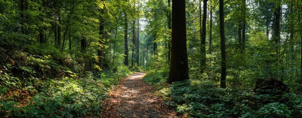 Sunlit forest path winding through lush greenery