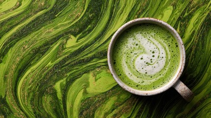 Green matcha latte in a ceramic cup, set against a swirling, textured background with golden specks, offering a serene aesthetic.