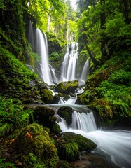 Fototapeta premium A breathtaking landscape of a cascading waterfall flowing through a lush green forest, capturing nature's serene beauty