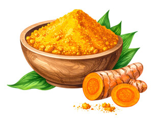 Vivid yellow spice powder in a wooden bowl with turmeric root