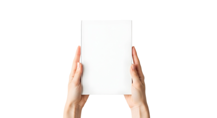 Hands holding a blank white rectangle against a white background
