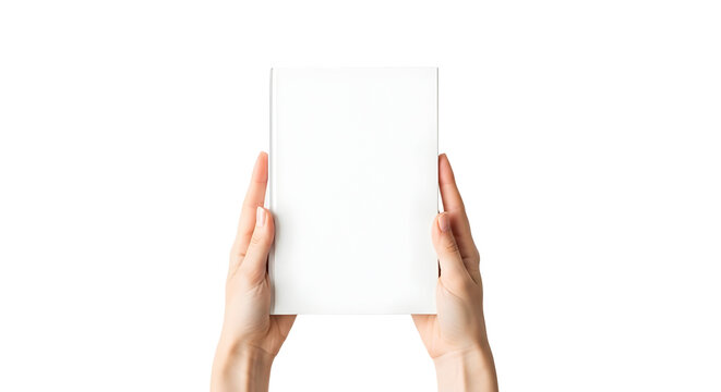 Hands holding a blank white rectangle against a white background