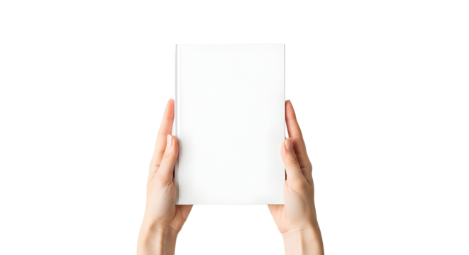 Hands holding a blank white rectangle against a white background - Powered by Adobe