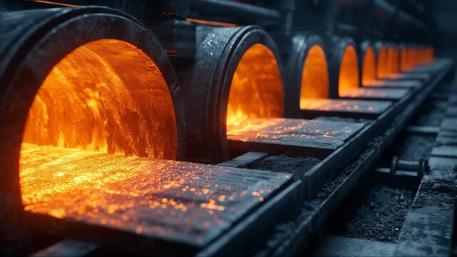 Molten metal flows through casting molds in a modern foundry during a nighttime operation